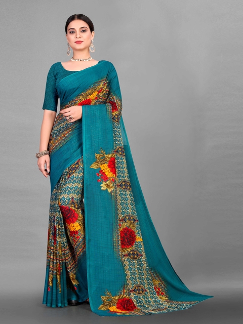 

Zombom Blue & Red Floral Block Print Saree