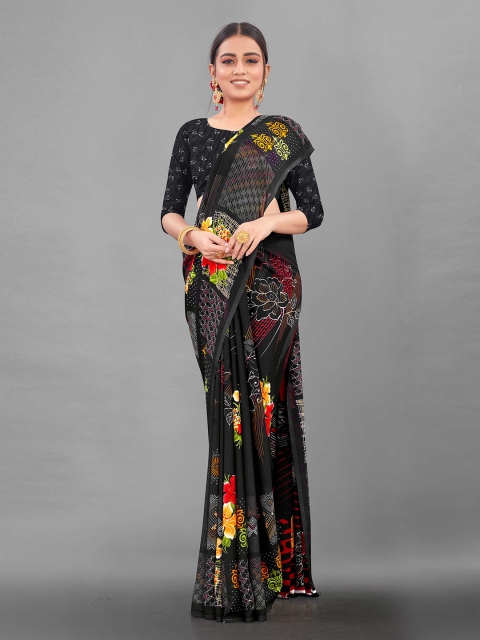 

Zombom Black & Red Floral Block Print Saree