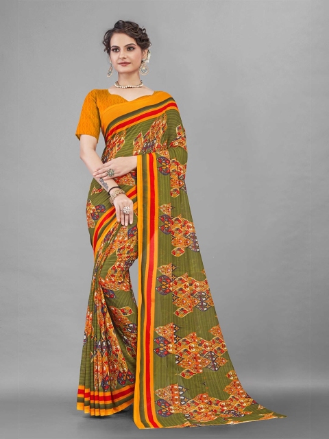 

Zombom Olive Green & Orange Floral Poly Georgette Block Print Saree