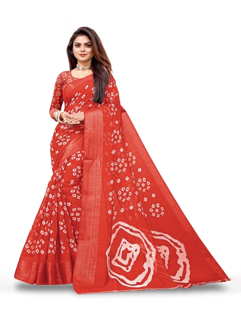 

Zombom Red & White Bandhani Zari Silk Cotton Saree