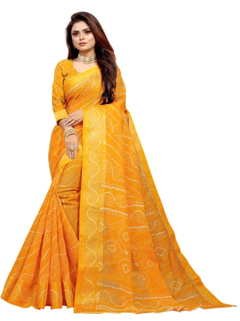 

Zombom Mustard & Off White Bandhani Zari Silk Cotton Block Print Saree