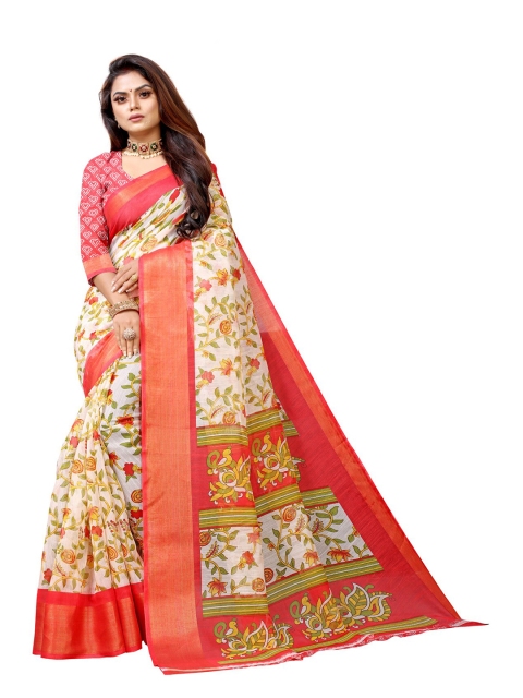 

Zombom Peach-Coloured & Cream-Coloured Floral Zari Silk Cotton Block Print Saree