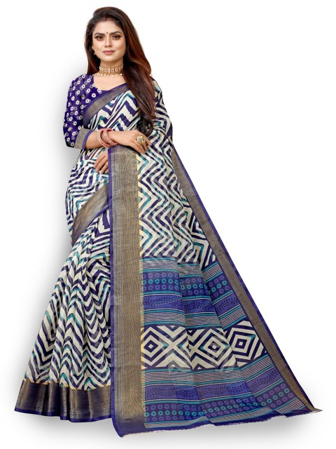 

Zombom Navy Blue & White Leheriya Zari Silk Cotton Leheriya Saree