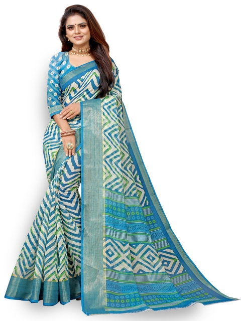 

Zombom Turquoise Blue & White Leheriya Silk Cotton Leheriya Saree