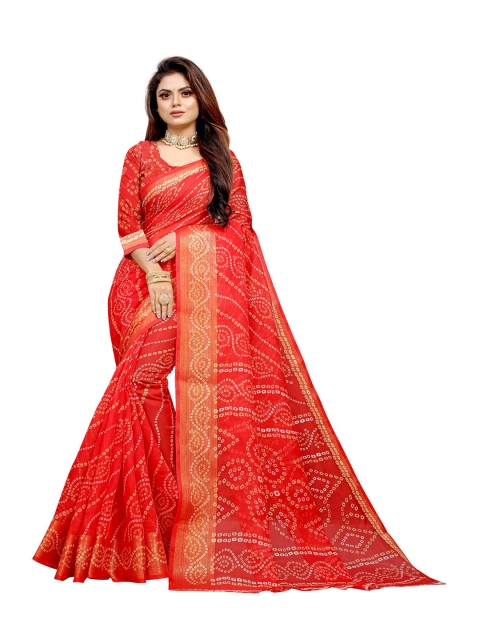 

Zombom Red & Gold-Toned Bandhani Zari Silk Cotton Block Print Saree