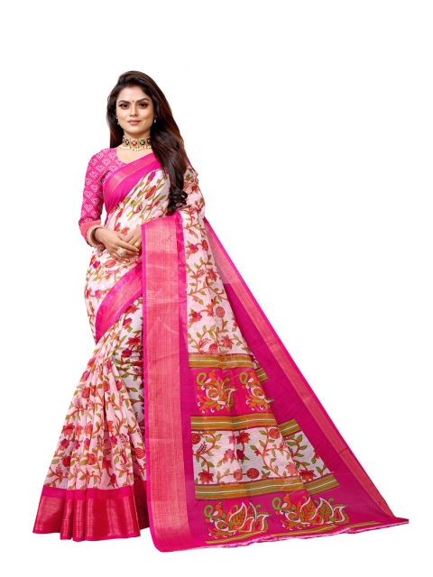 

Zombom Pink & White Floral Zari Silk Cotton Block Print Saree
