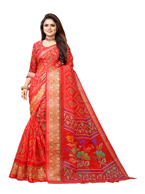 

Zombom Red & Green Floral Silk Cotton Block Print Saree