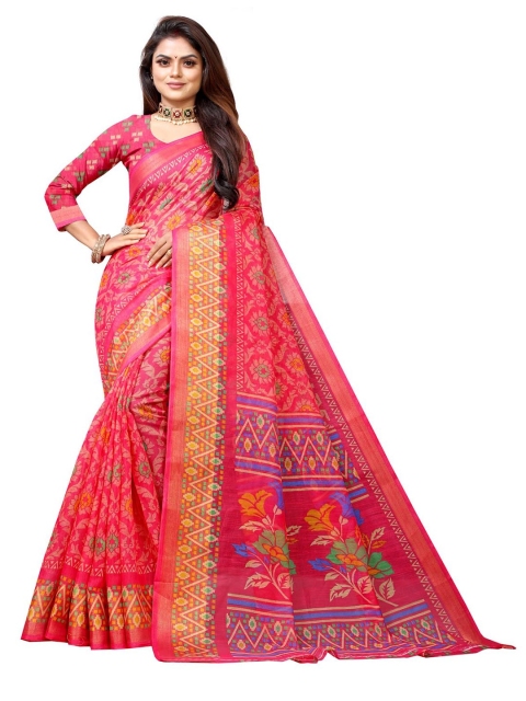 

Zombom Women Pink & Green Floral Zari Silk Cotton Block Print Saree