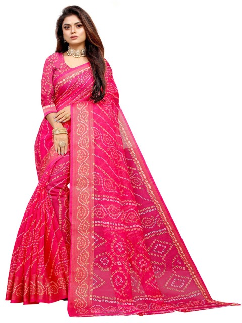 

Zombom Pink & White Bandhani Zari Silk Cotton Block Print Saree