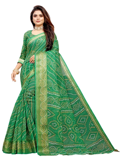 

Zombom Green & Off White Bandhani Zari Silk Cotton Block Print Saree