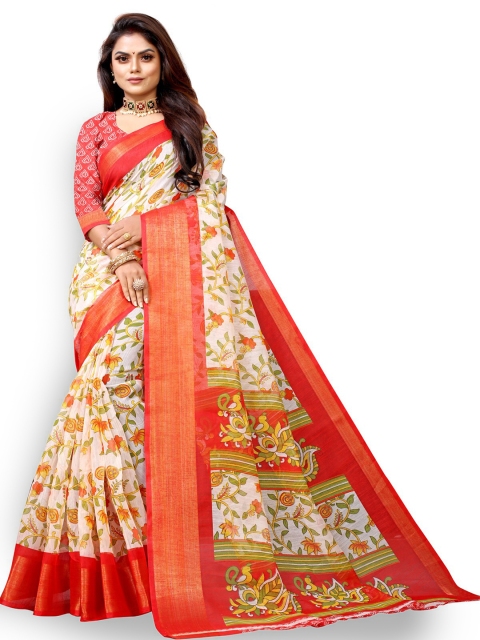 

Zombom Red & White Floral Zari Silk Cotton Block Print Saree