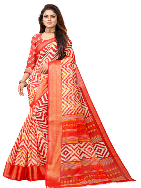 

Zombom Red & White Leheriya Zari Silk Cotton Leheriya Saree