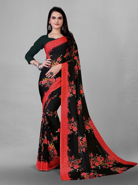 

Zombom Black & Red Floral Printed Saree