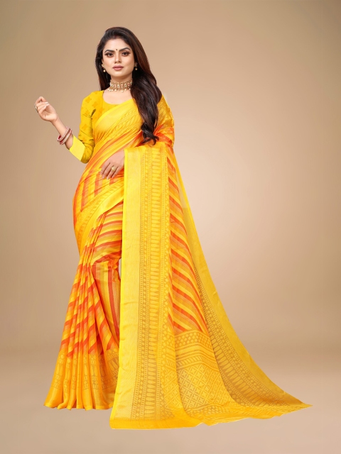 

Zombom Yellow & Red Striped Brasso Leheriya Saree