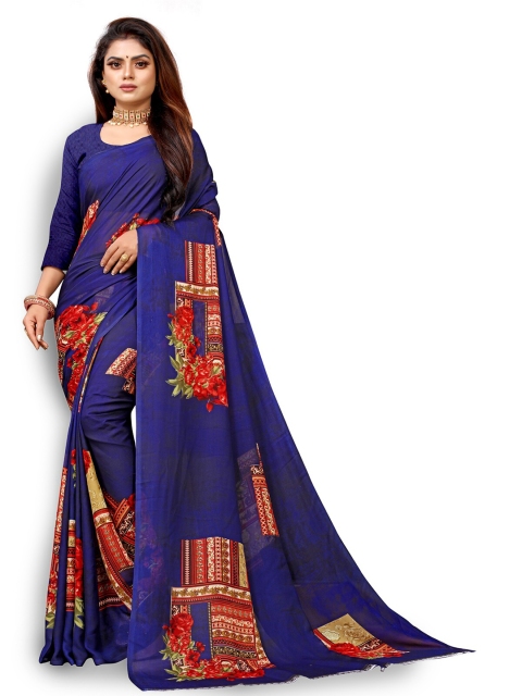 

Zombom Blue & Red Floral Printed Saree