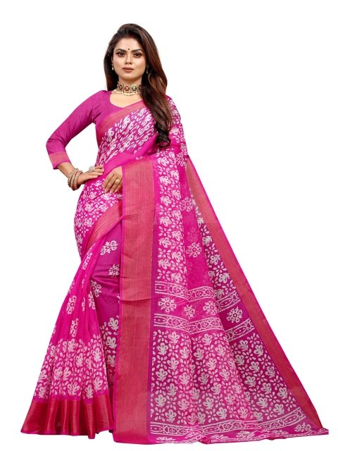 

Zombom Pink & White Batik Zari Silk Cotton Saree