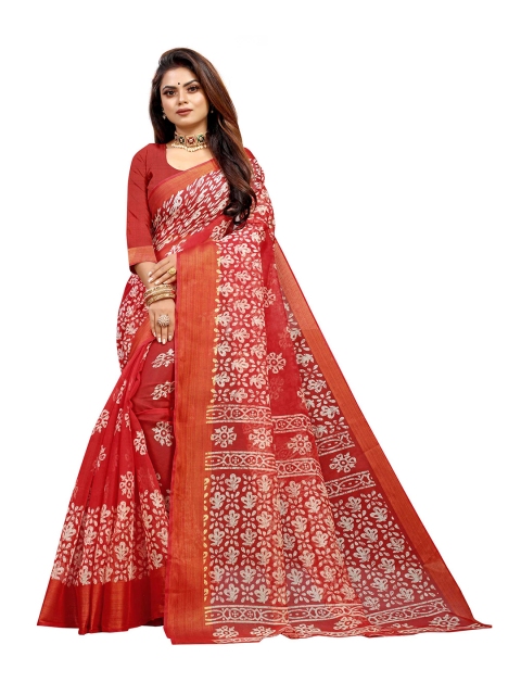 

Zombom Red & White Batik Zari Silk Cotton Block Print Saree