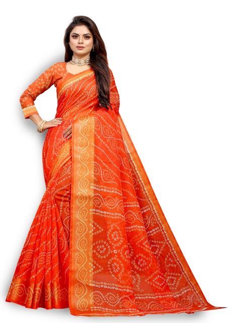 

Zombom Orange & Off White Bandhani Zari Silk Cotton Block Print Saree