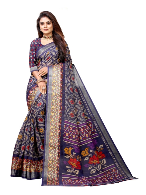 

Zombom Blue & Red Ethnic Motifs Silk Cotton Block Print Saree