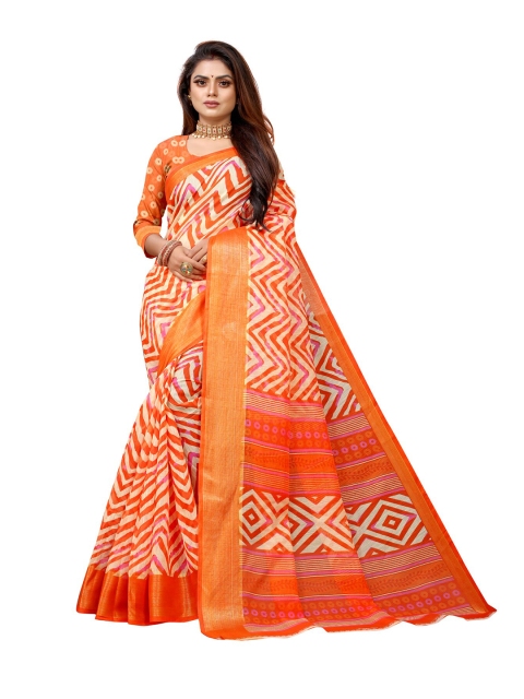 

Zombom Orange & Off White Leheriya Zari Silk Cotton Leheriya Saree