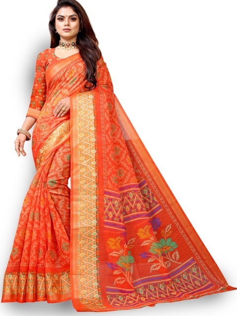

Zombom Orange & Green Ethnic Motifs Silk Cotton Block Print Saree
