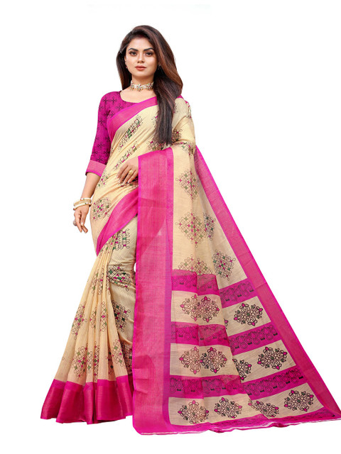 

Zombom Pink & Beige Ethnic Motifs Silk Cotton Block Print Saree