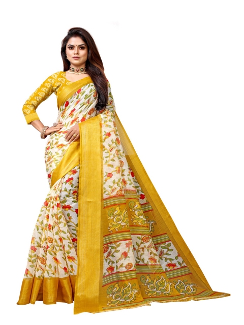 

Zombom Yellow & White Floral Zari Silk Cotton Block Print Saree