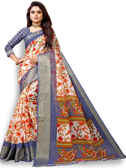 

Zombom Blue & Off White Floral Zari Silk Cotton Block Print Saree