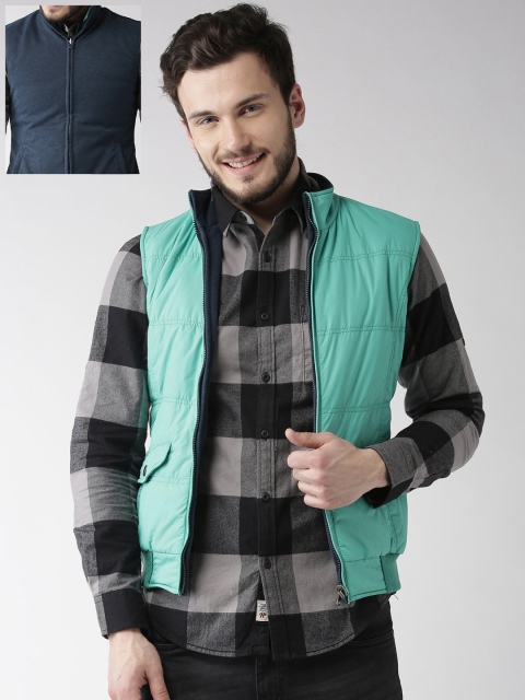

Mast & Harbour Men Sea Green & Navy Solid Sleeveless Reversible Bomber Jacket