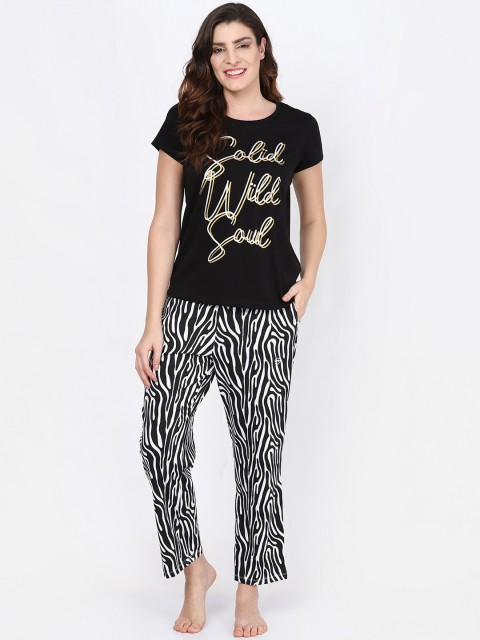 

MAYSIXTY Women Black & White Printed Night suit
