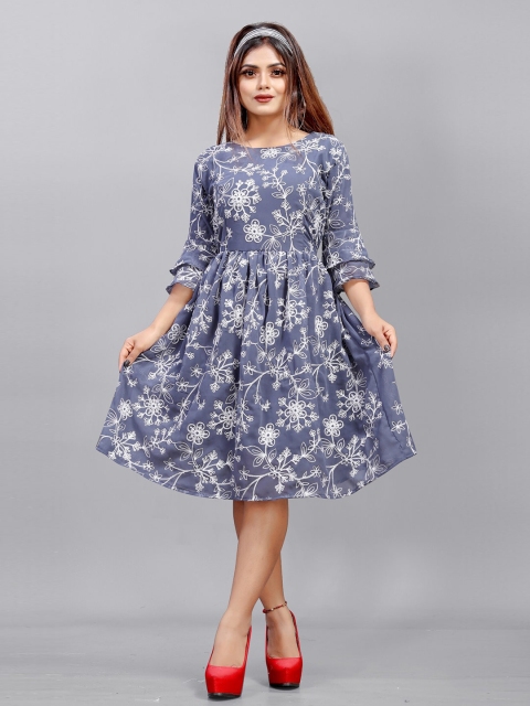 

APNISHA Grey Floral Georgette Midi Dress