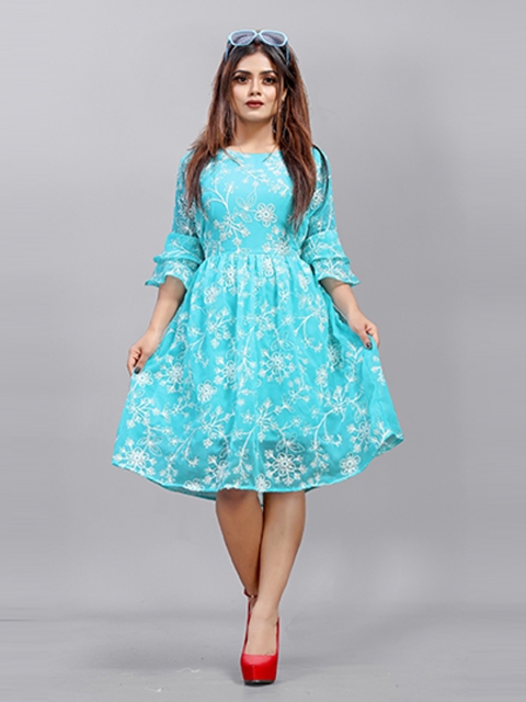 

APNISHA Blue & White Floral Embroidered Georgette Dress
