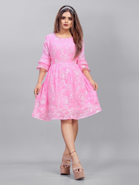 

APNISHA Pink Floral Embroidered Georgette Dress
