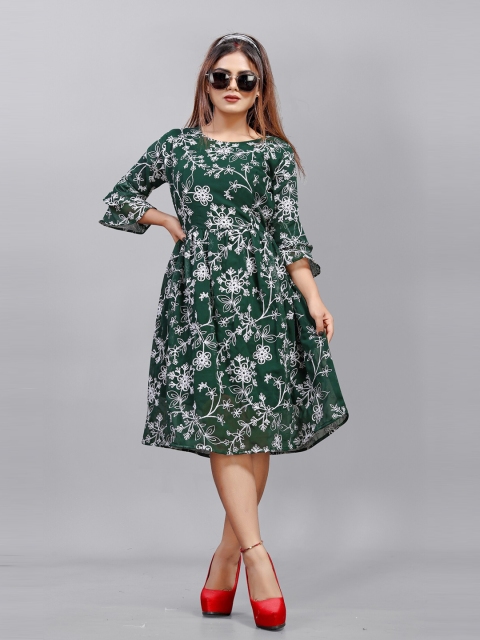 

APNISHA Green Floral Embroidered Georgette Midi Dress