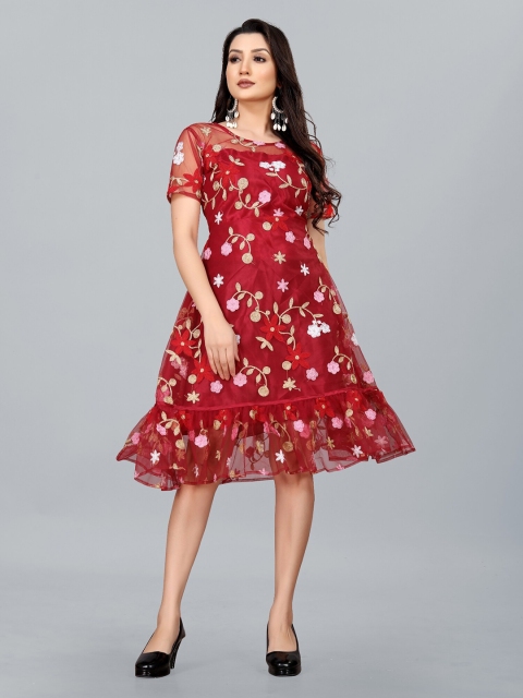 

APNISHA Maroon Floral Embroidered Net Dress