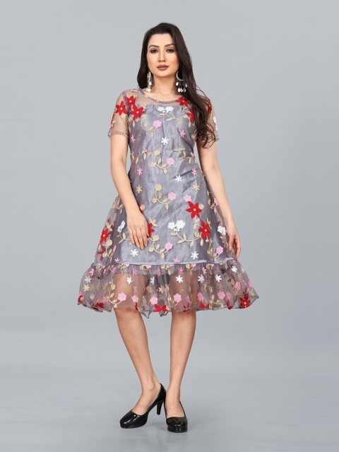

APNISHA Women Grey & White Floral Embroidered Net A-Line Midi Dress