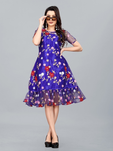 

APNISHA Blue & Red Floral Net Midi Dress