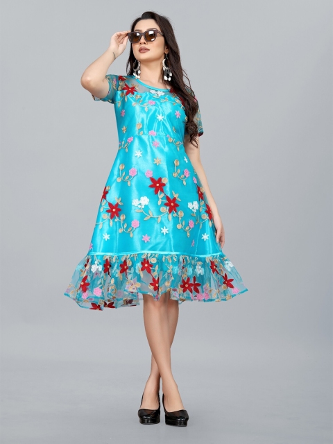 

APNISHA Women Turquoise Blue & Red Floral Embroidered Net Midi Dress