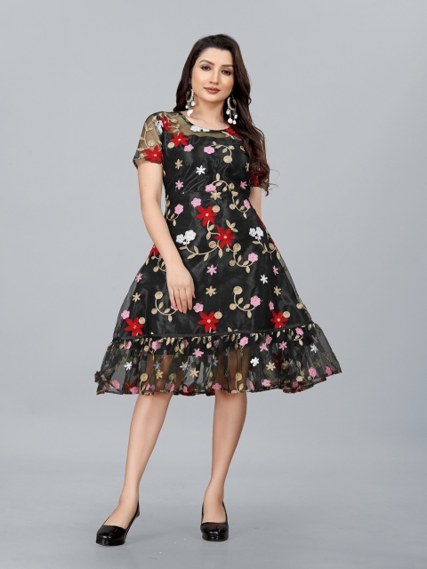 

APNISHA Women Black & Red Floral Embroidered Net Midi Dress