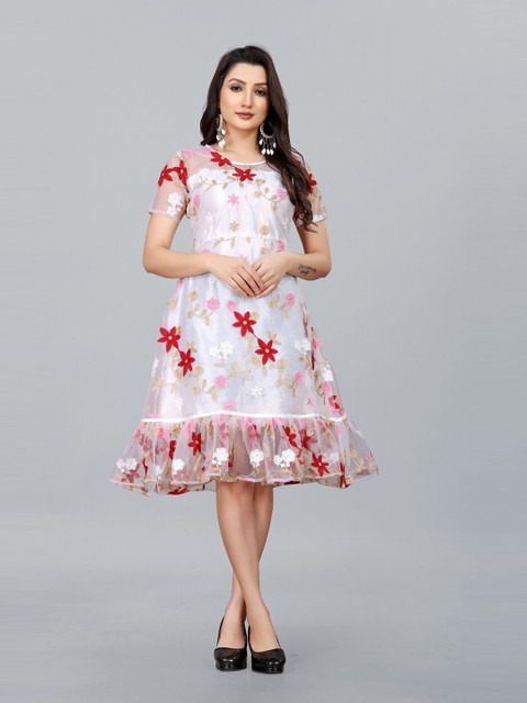 

APNISHA White Floral Tie-Up Neck Net A-Line Midi Dress