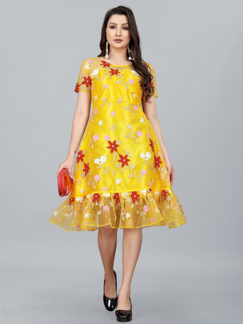 

APNISHA Yellow Floral Net A-Line Midi Dress