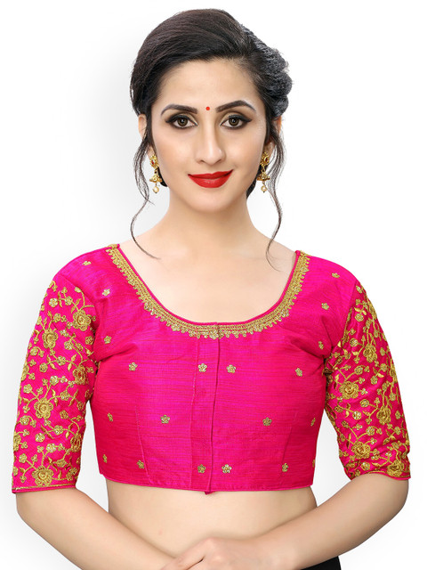 

Amrutam Fab Women Pink Embroidered Silk Readymade Saree Blouse