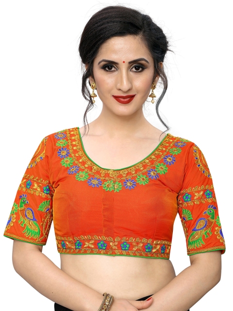 

Amrutam Fab Women Orange Embroidered Silk Saree Blouse