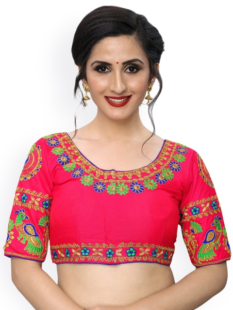 

Amrutam Fab Women Pink & Green Embroidered Phantom Silk Saree Blouse