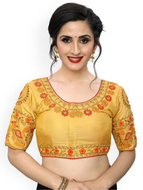 

Amrutam Fab Women Beige Colored Embroidered Silk Saree Blouse