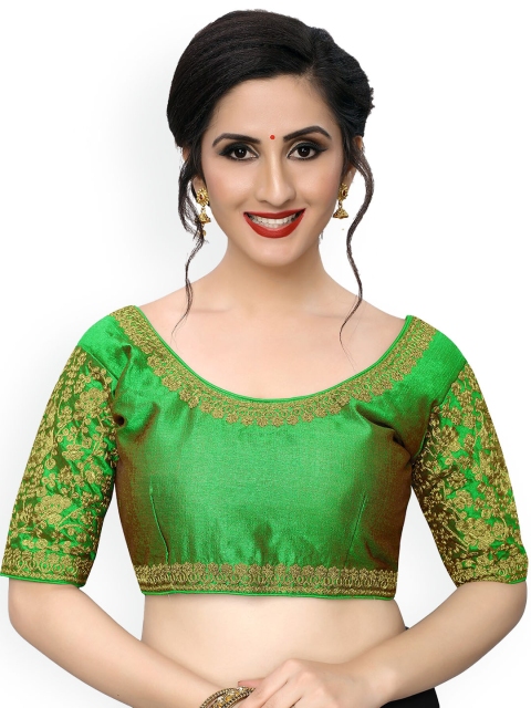 

Amrutam Fab Women's Embroidered Green Phantom Silk Blouse With Round Neck