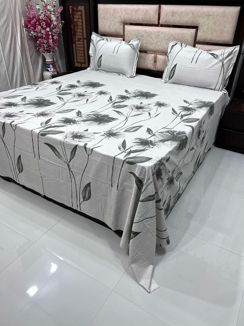

Pure Decor Grey & Green Floral King Bedsheet with 2 Pillow Covers
