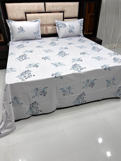 

Pure Decor Blue & Off White Floral King Bedsheet with 2 Pillow Covers