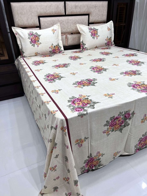 

Pure Decor Pink & Off White Floral TC 380 King Bedsheet with 2 Pillow Covers
