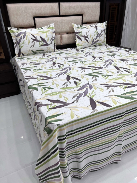 

Pure Decor Off White & Green Floral King Bedsheet with 2 Pillow Covers